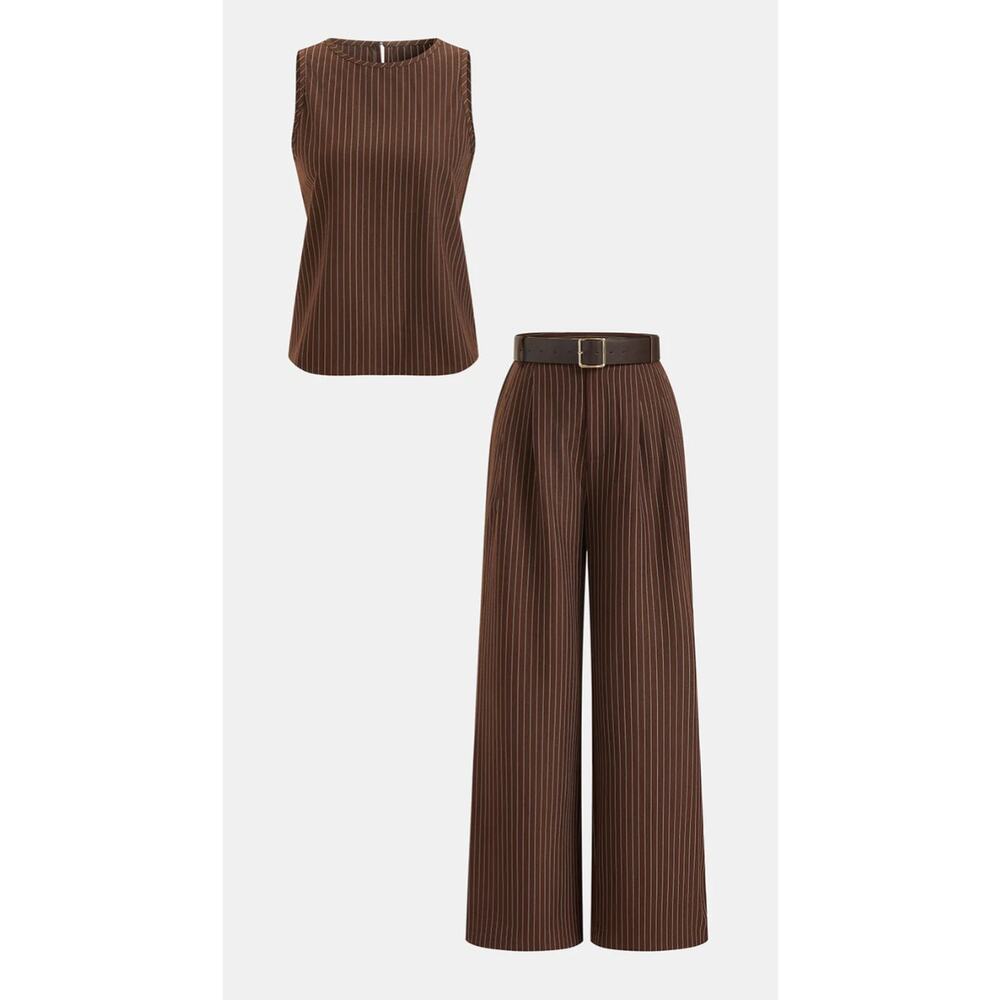 Commense Brown Pinstripe Sleeveless Top Wide Leg Pants Set XL 12 – Quiet Luxury